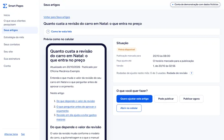 Prévia do artigo como no celular, ao lado da situação com o horário da publicação e dos botões Quero ajustar este artigo, Pode publicar e Publicar agora
